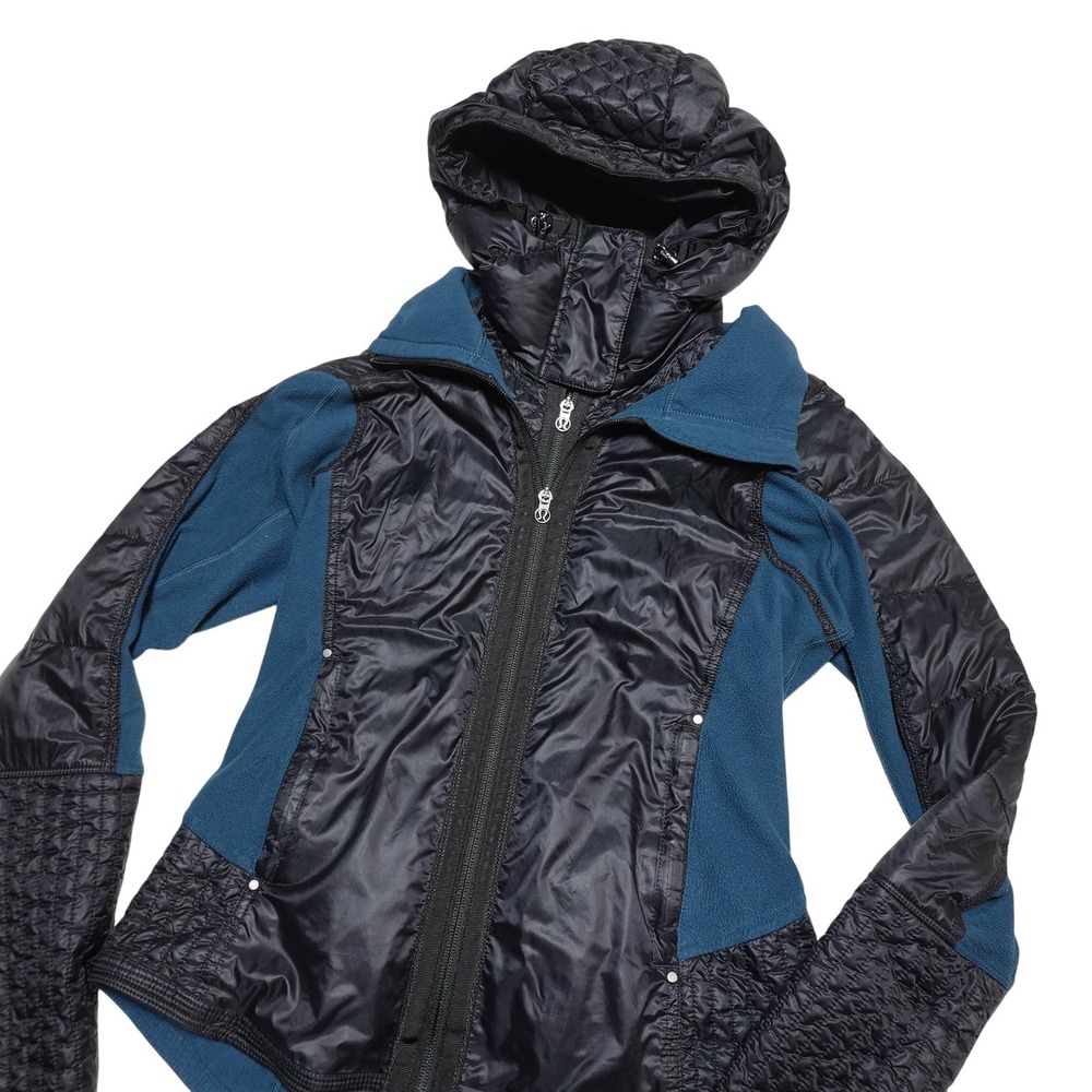 Lululemon Jacket Womens Small Black Blue Full Zip Hooded Quilted Fleece Ski